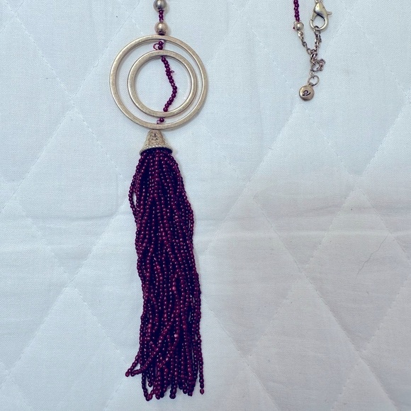 Womens Long Beaded Red Wine Color Gold Tone Circles Drop Tassel Pendant Boho - Picture 1 of 8